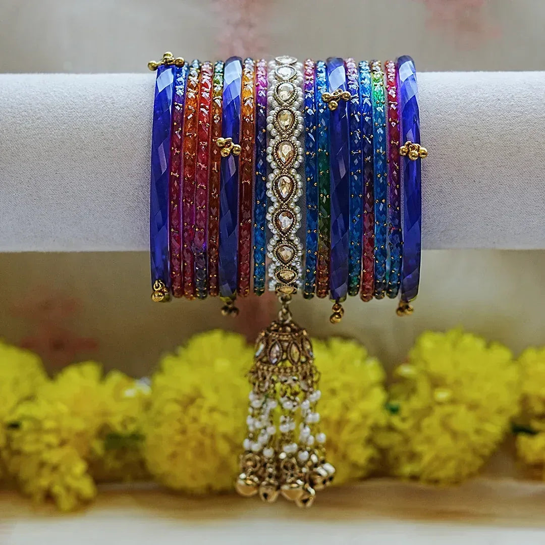 Traditional Glass Bangles Set for Women (Both Hand) - The Golden Cascade